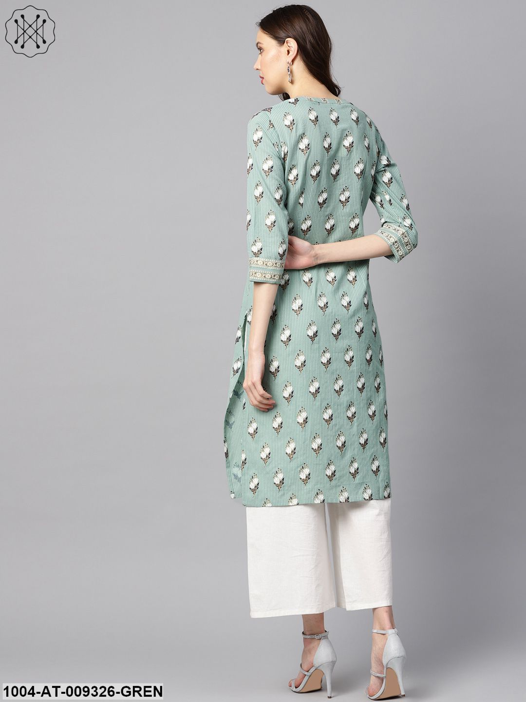 Green Kantha Floral Gold Print 3/4Th Sleeve Chinese Collar With Button And Cuff Detailing Kurta.