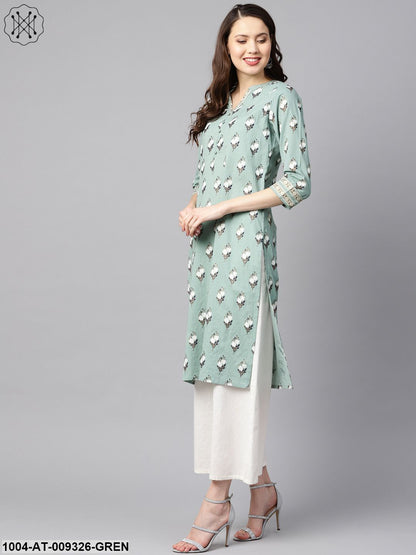 Green Kantha Floral Gold Print 3/4Th Sleeve Chinese Collar With Button And Cuff Detailing Kurta.