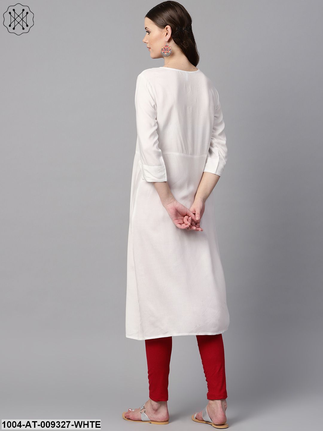 White Color Solid Round Neck A-Line Kurta With Embroidered Yoke.