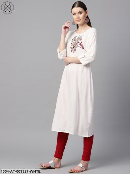 White Color Solid Round Neck A-Line Kurta With Embroidered Yoke.