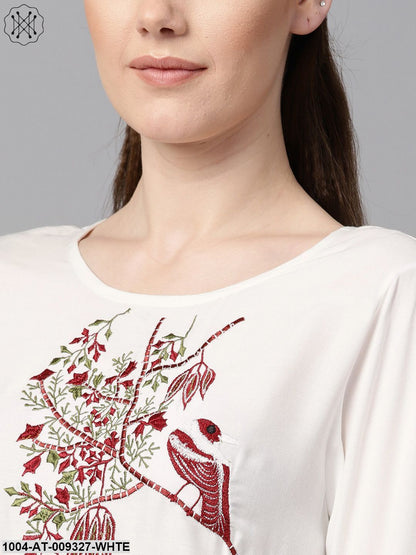 White Color Solid Round Neck A-Line Kurta With Embroidered Yoke.