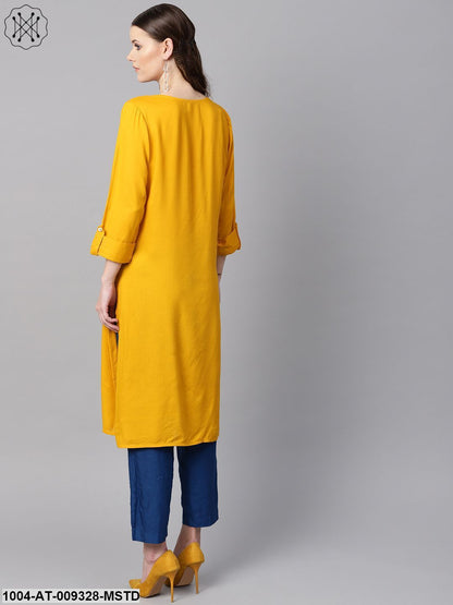 Mustard Yellow Round Neck Embroidered Kurta With Cuff And Loop Detailing Sleeves.