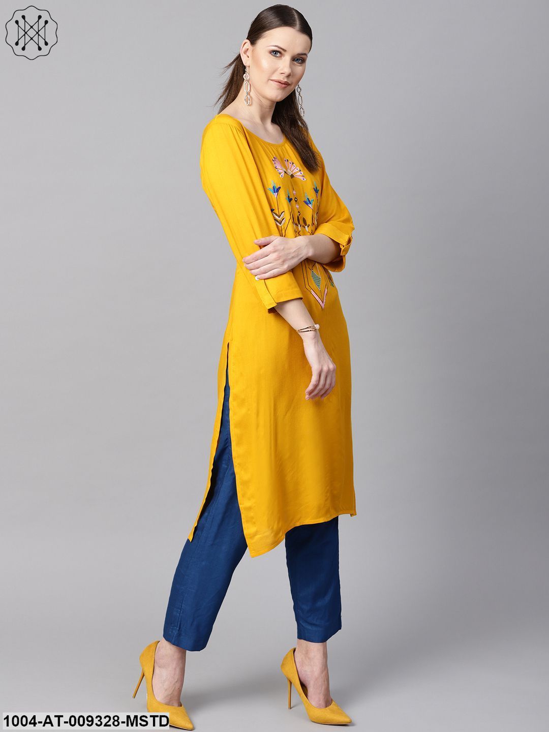 Mustard Yellow Round Neck Embroidered Kurta With Cuff And Loop Detailing Sleeves.