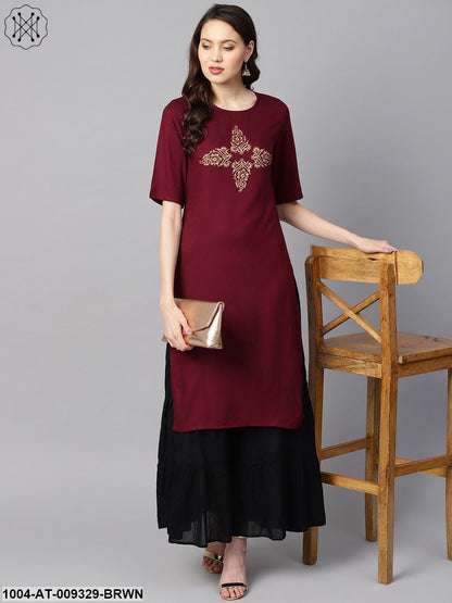 Burgundy Color Block Printed Half Sleeve Straight Kurta