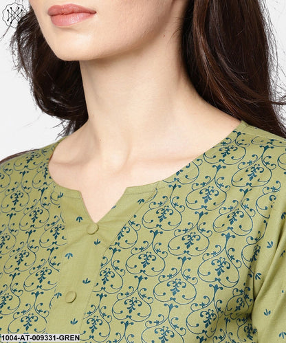 Green Printed 3/4Th Sleeve Cotton A-Line Kurta
