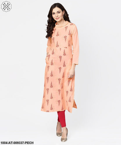 Closed Neck Solid Peach 3/4Th Sleeve Cotton Straight Kurta