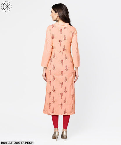 Closed Neck Solid Peach 3/4Th Sleeve Cotton Straight Kurta