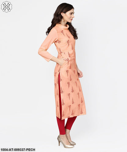Closed Neck Solid Peach 3/4Th Sleeve Cotton Straight Kurta