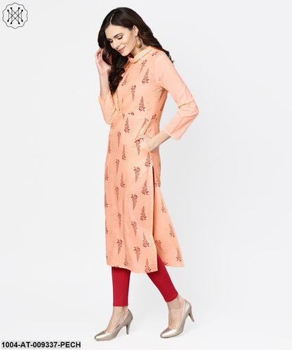 Closed Neck Solid Peach 3/4Th Sleeve Cotton Straight Kurta