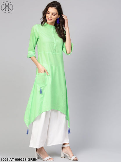 Cotton Pastel Mint Green Handkerchief Kurta With Pleated High Neck & 3/4 Sleeves