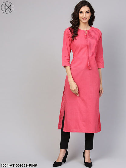 Cotton Pink Even Pleated Yoke With Keyhole Neckline & 3/4 Sleeves