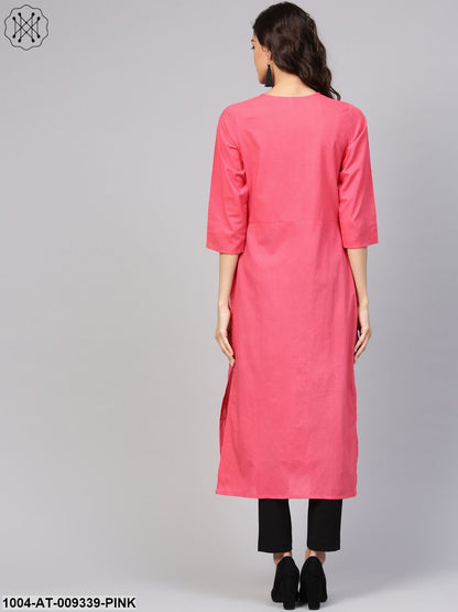 Cotton Pink Even Pleated Yoke With Keyhole Neckline & 3/4 Sleeves