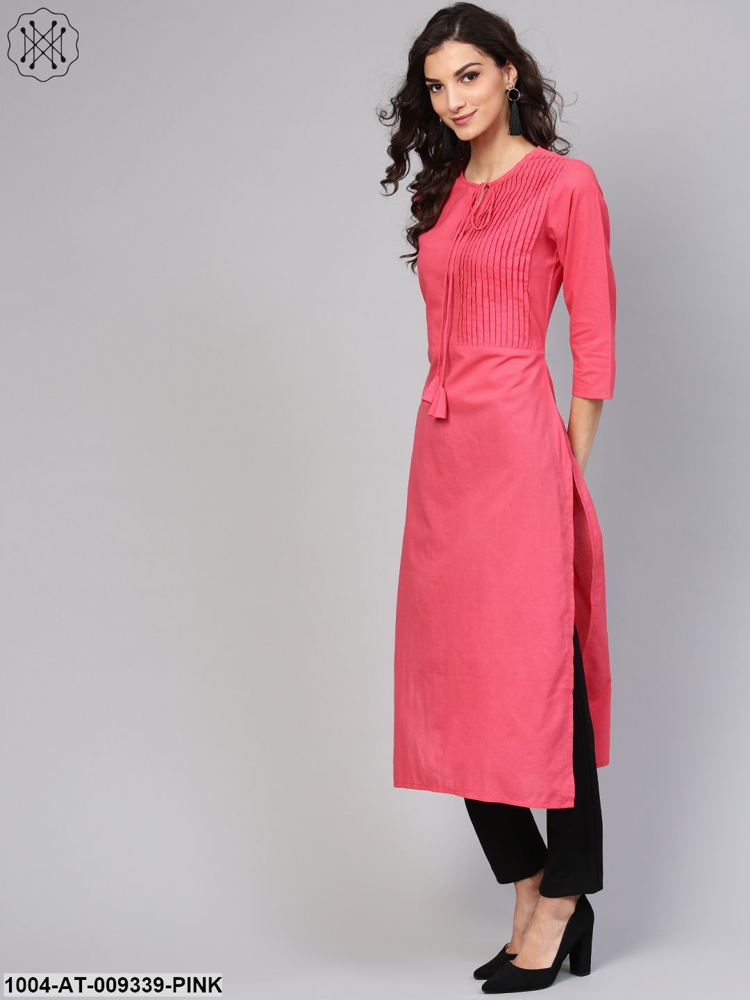 Cotton Pink Even Pleated Yoke With Keyhole Neckline & 3/4 Sleeves
