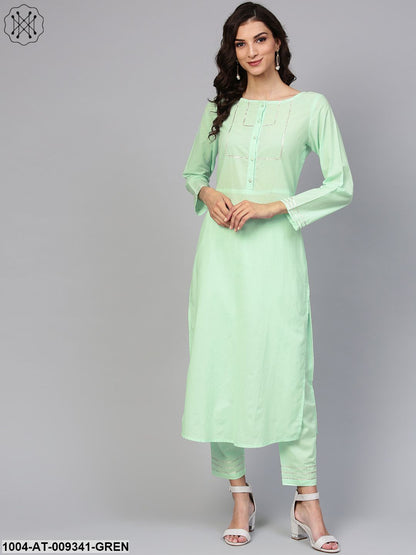 Cotton Round Neck Pastel Mint Green Straight Kurta With Front Placket & 3/4 Sleeves