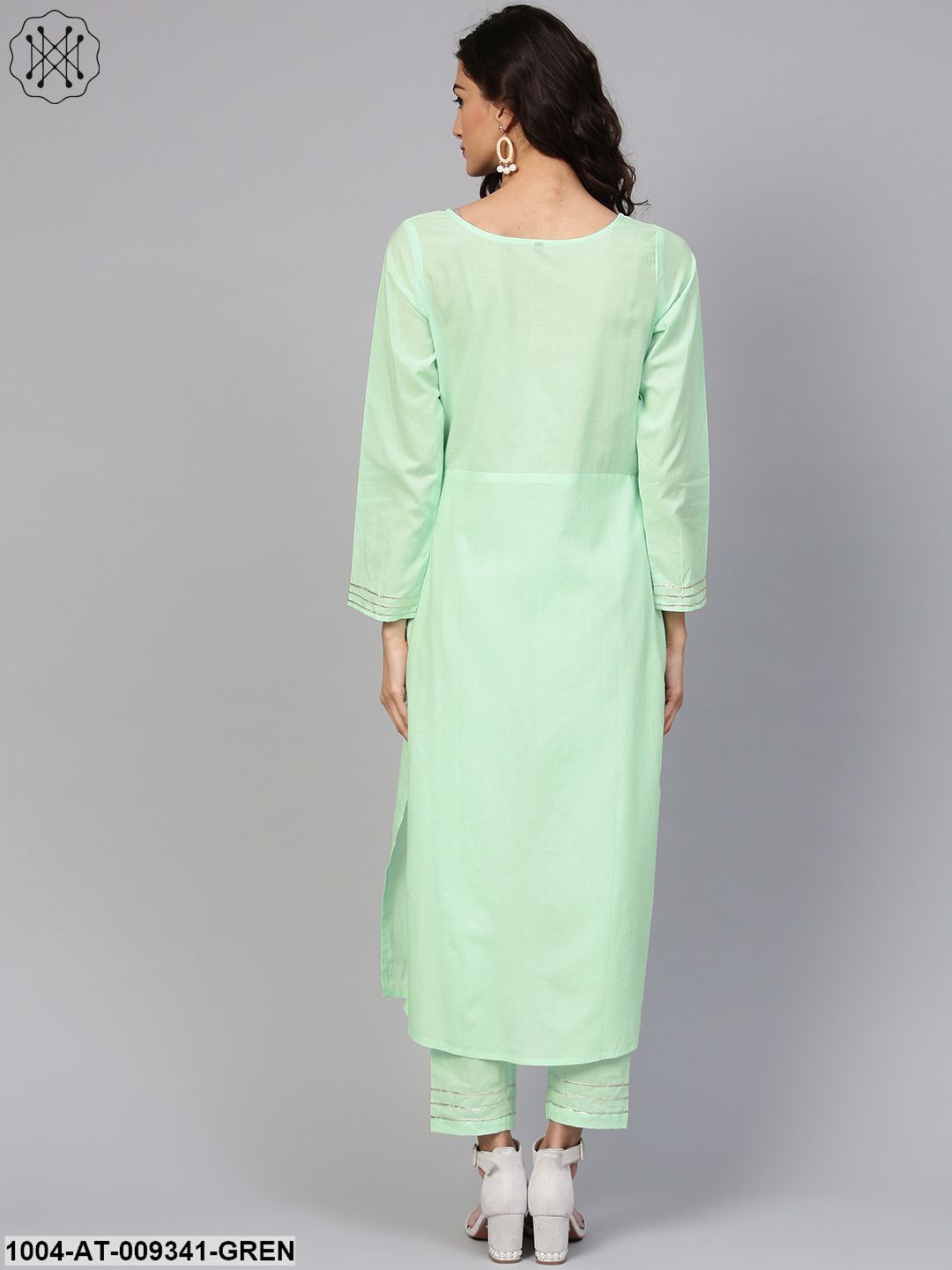 Cotton Round Neck Pastel Mint Green Straight Kurta With Front Placket & 3/4 Sleeves