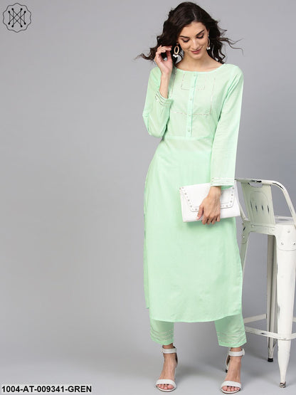 Cotton Round Neck Pastel Mint Green Straight Kurta With Front Placket & 3/4 Sleeves