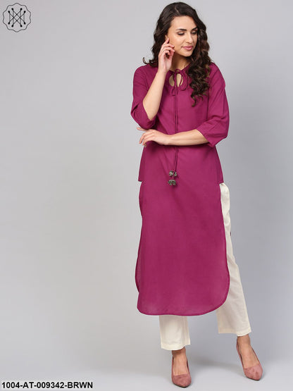 Solid Burgundy Kurta With Keyhole Neck & 3/4 Sleeves