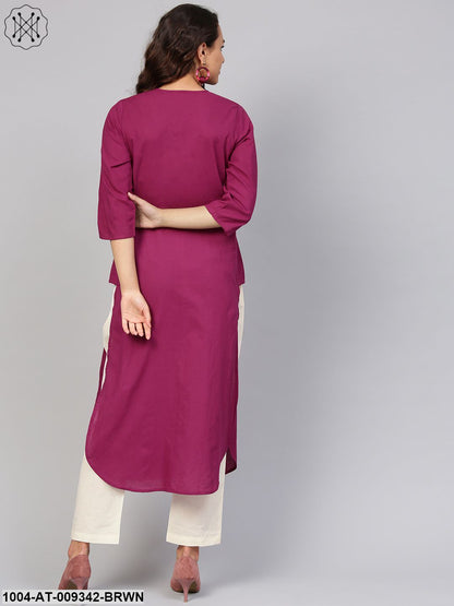 Solid Burgundy Kurta With Keyhole Neck & 3/4 Sleeves