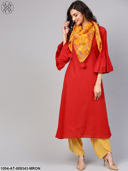 Solid Maroon Kurta With Flared Sleeves & Tie Dye Stole