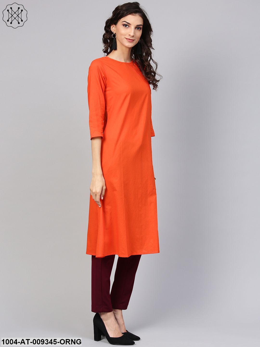 Solid Orange Kurta With Side Placket & 3/4Th Sleeve