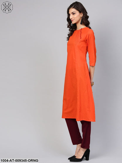 Solid Orange Kurta With Side Placket & 3/4Th Sleeve