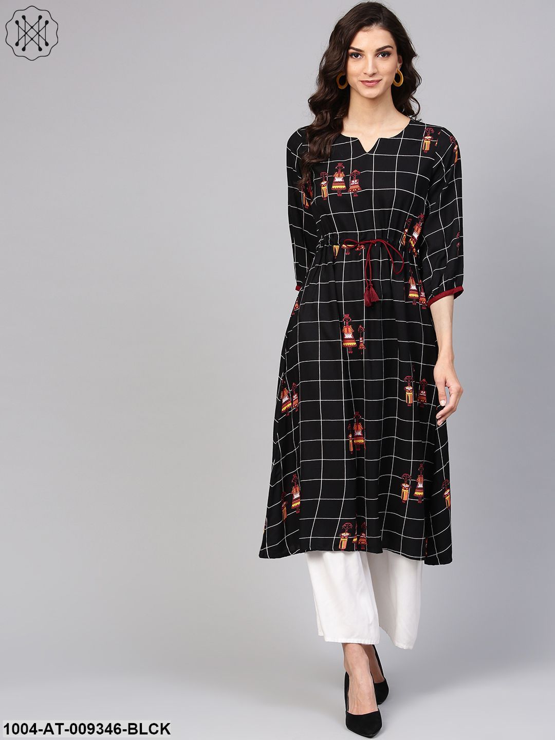 Black Check Printed Kurta With Multi Colored Human Figure Motifs