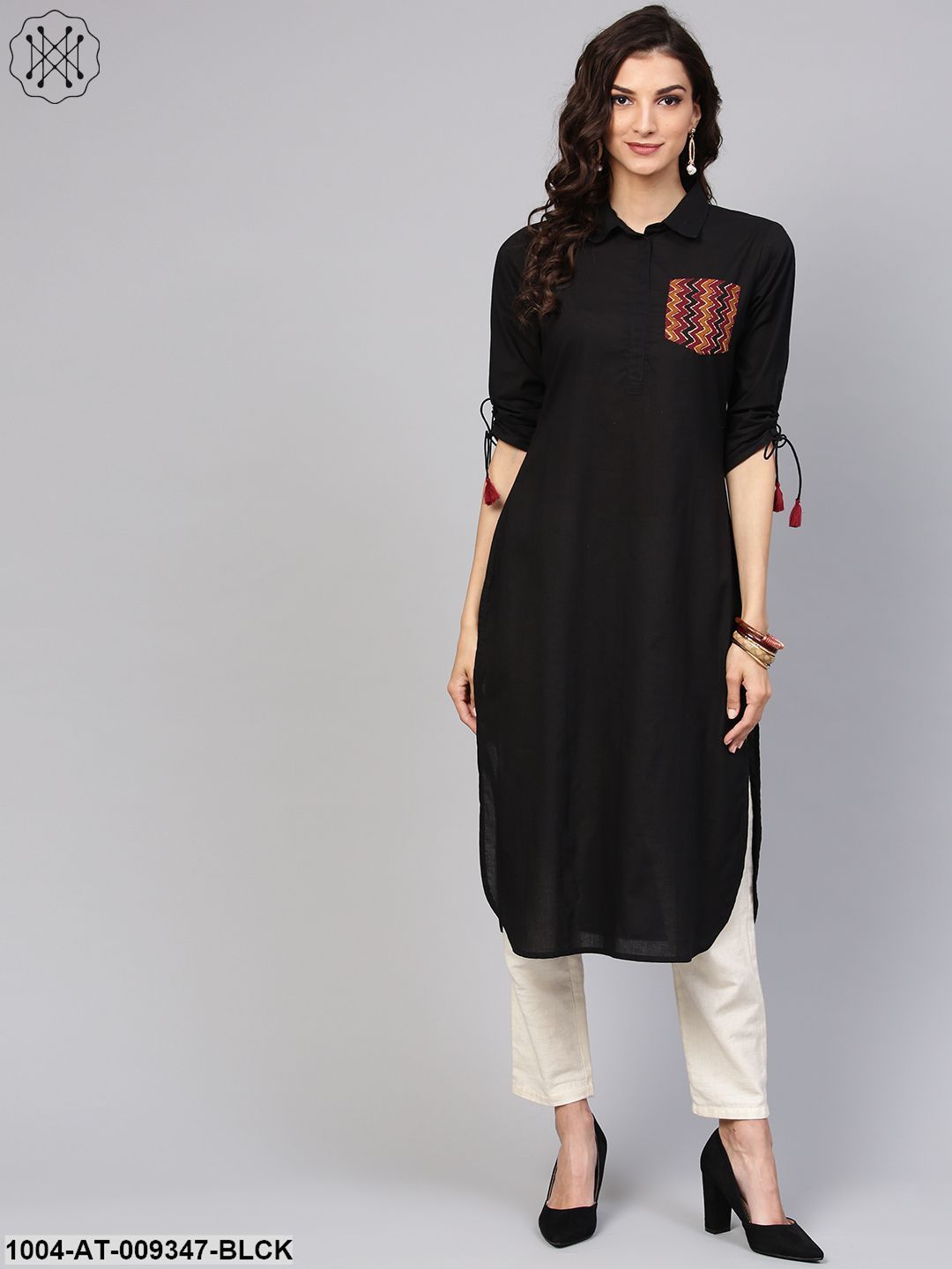 Solid Black Kurta With Shirt Collar, Zig-Zag Printed Patch Pocket And Dori Detailing On The Sleeve