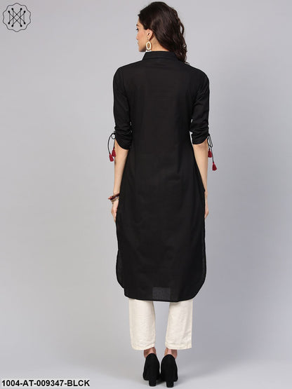Solid Black Kurta With Shirt Collar, Zig-Zag Printed Patch Pocket And Dori Detailing On The Sleeve