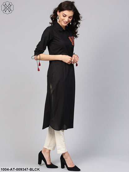 Solid Black Kurta With Shirt Collar, Zig-Zag Printed Patch Pocket And Dori Detailing On The Sleeve