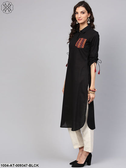 Solid Black Kurta With Shirt Collar, Zig-Zag Printed Patch Pocket And Dori Detailing On The Sleeve