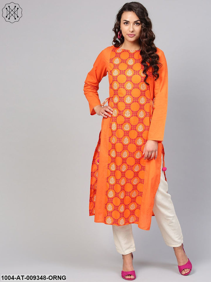 Orange Printed Panelled Kurta With WaistDoris &amp; Full Sleeves