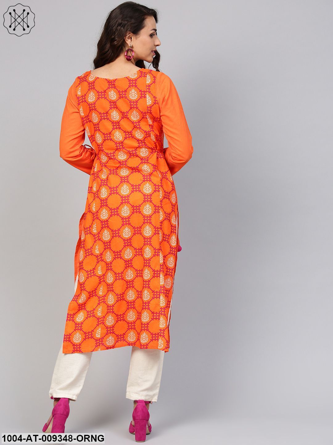 Orange Printed Panelled Kurta With WaistDoris &amp; Full Sleeves
