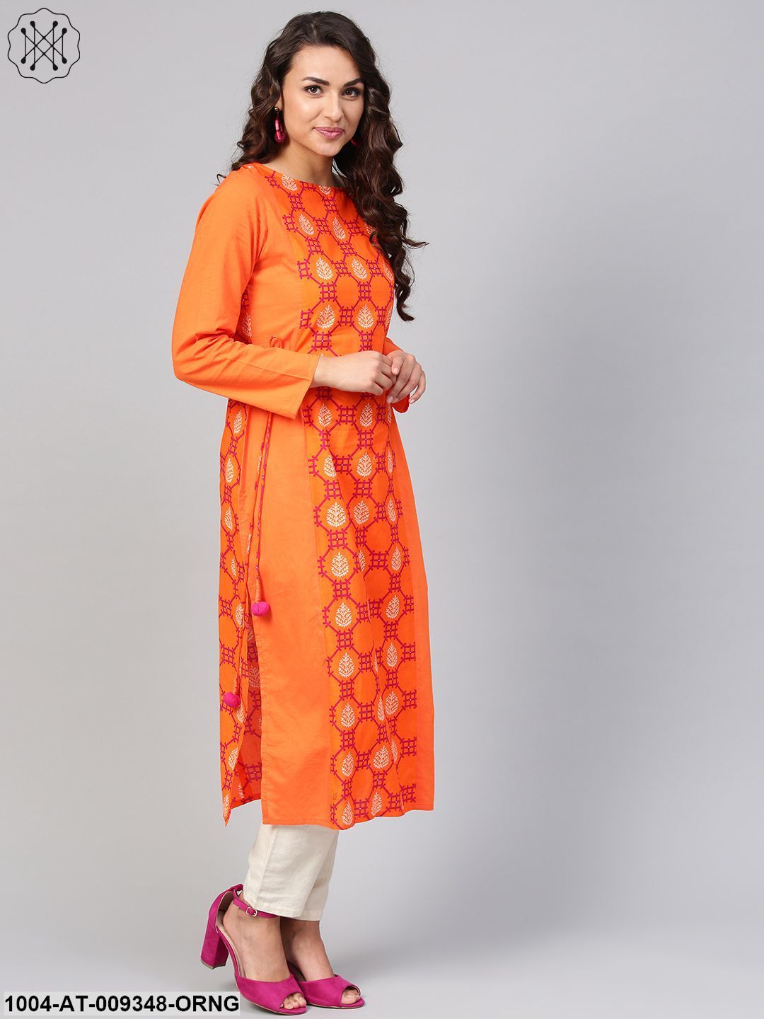 Orange Printed Panelled Kurta With WaistDoris &amp; Full Sleeves