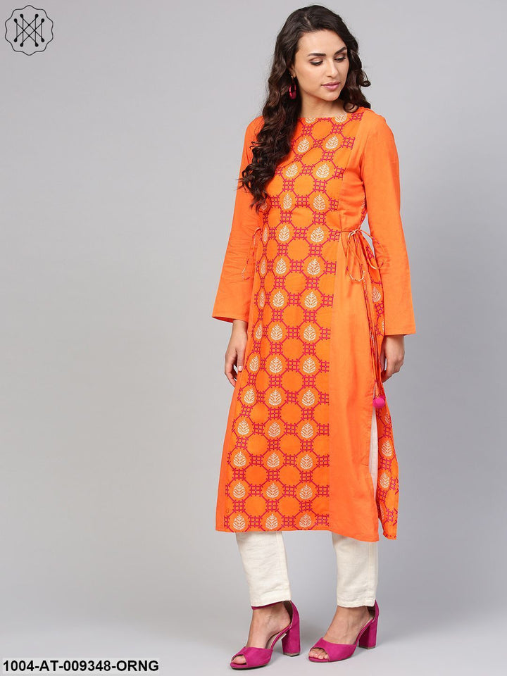 Orange Printed Panelled Kurta With WaistDoris &amp; Full Sleeves