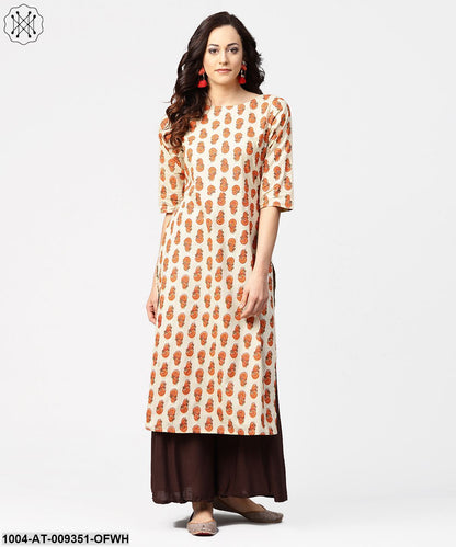 Off White Printed Half Sleeve Cotton Straight Kurta