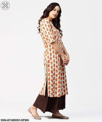 Off White Printed Half Sleeve Cotton Straight Kurta