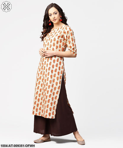 Off White Printed Half Sleeve Cotton Straight Kurta