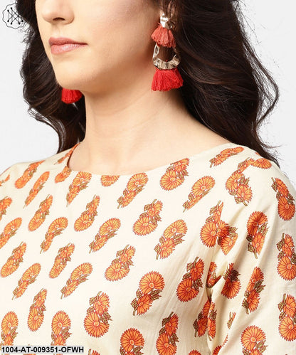 Off White Printed Half Sleeve Cotton Straight Kurta