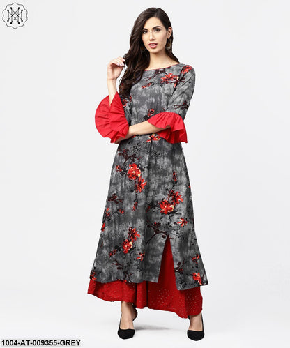 Dark Grey 3/4Th Sleeve Cotton Straight Kurta
