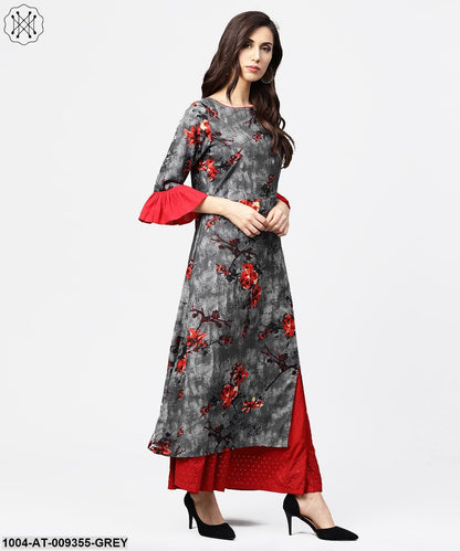 Dark Grey 3/4Th Sleeve Cotton Straight Kurta