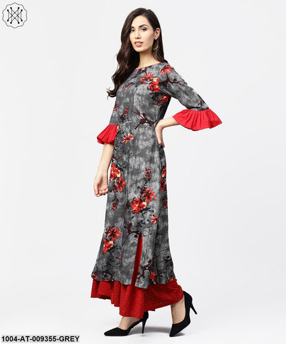 Dark Grey 3/4Th Sleeve Cotton Straight Kurta