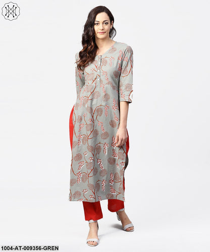 Green 3/4Th Sleeve Cotton Kurta