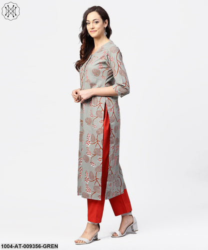 Green 3/4Th Sleeve Cotton Kurta