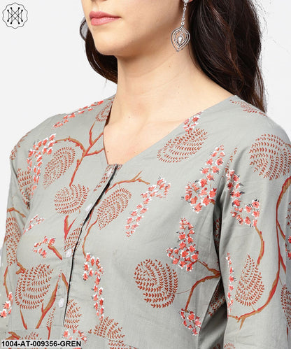 Green 3/4Th Sleeve Cotton Kurta