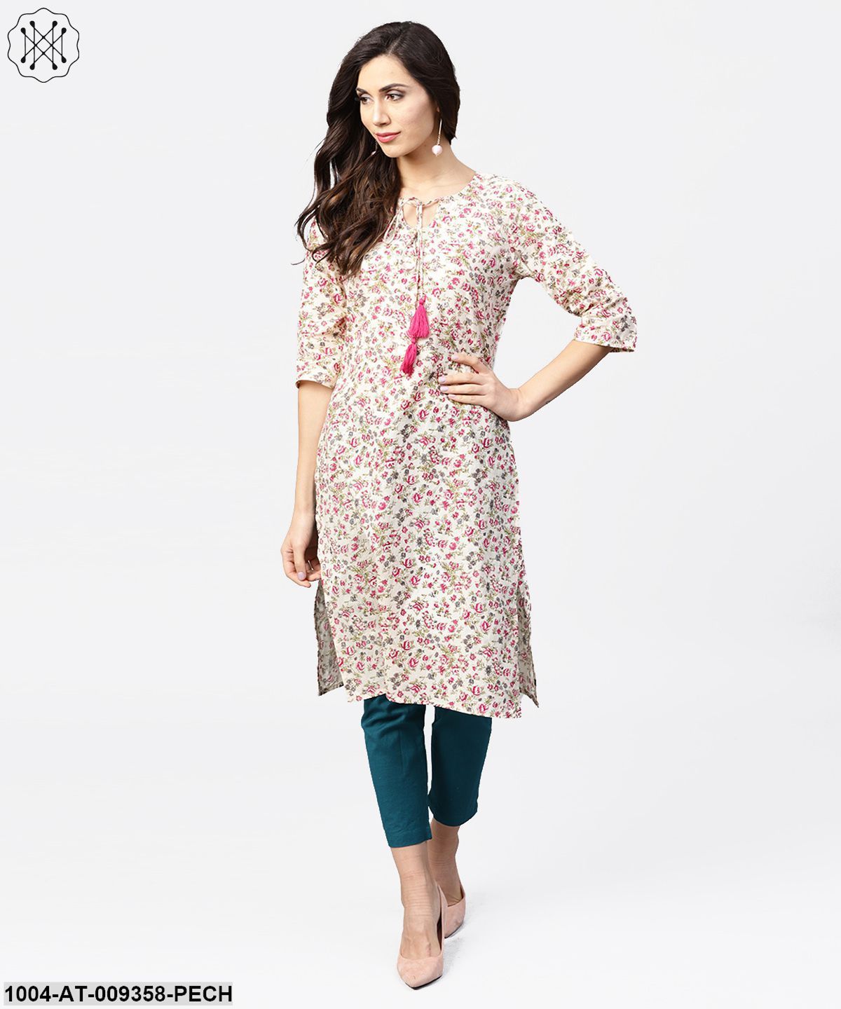 Peach Printed 3/4Th Sleeve Cotton Kurta With Dori Work At Yoke