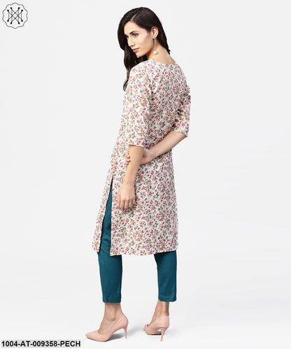 Peach Printed 3/4Th Sleeve Cotton Kurta With Dori Work At Yoke