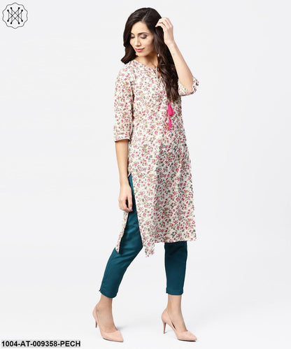 Peach Printed 3/4Th Sleeve Cotton Kurta With Dori Work At Yoke