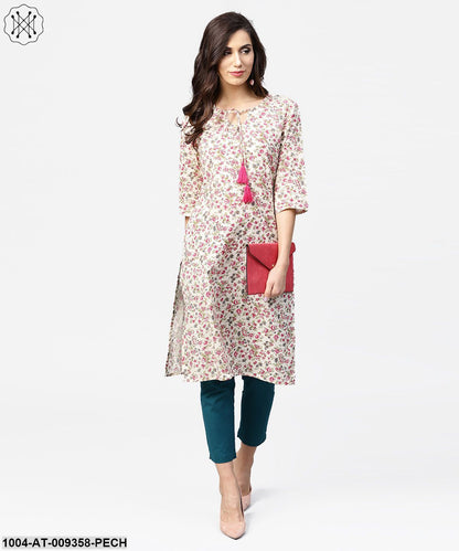 Peach Printed 3/4Th Sleeve Cotton Kurta With Dori Work At Yoke