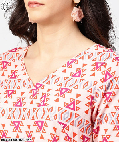 Baby Pink Printed 3/4Th Sleeve Cotton Floor Length Kurta