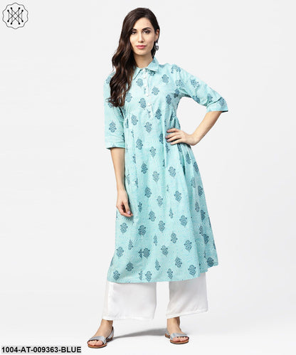 Blue Printed 3/4Th Sleeve Cotton Anarkali Kurta